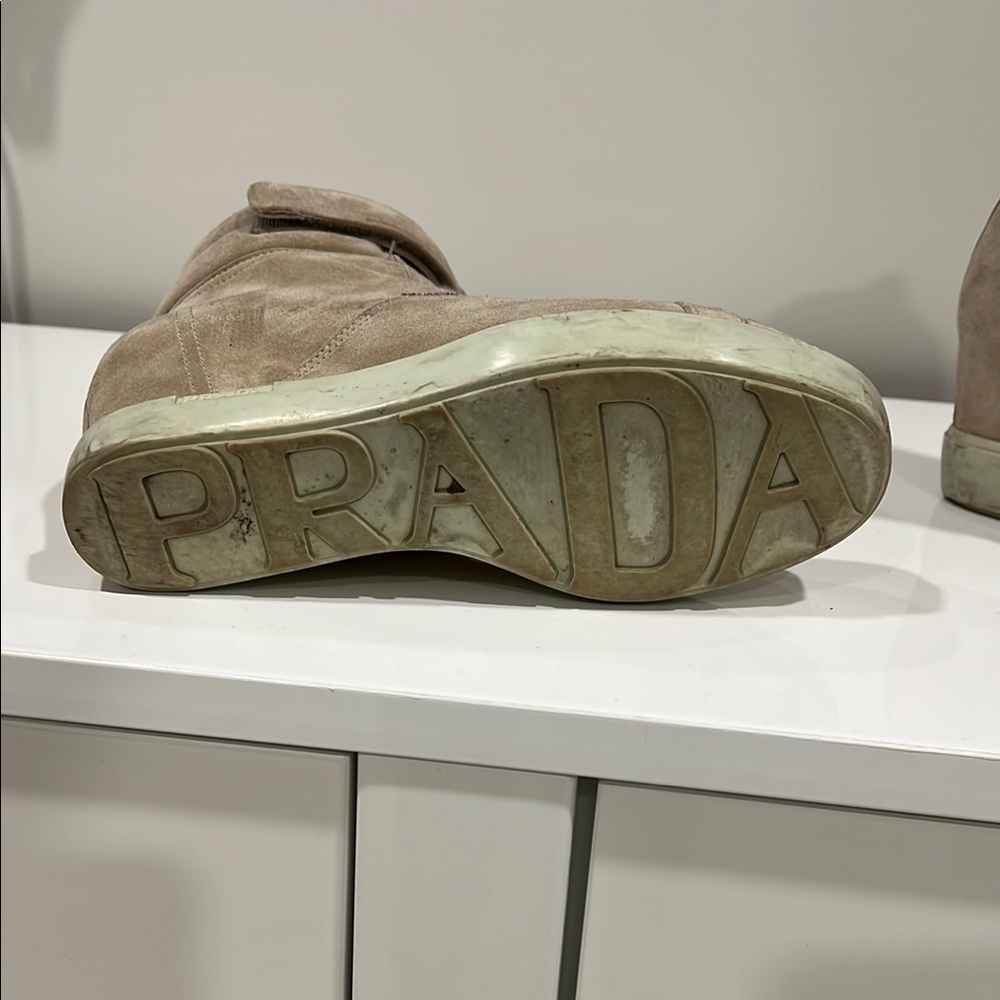 Prada Tan High-Top Sneakers with Concealed Wedge - Picture 3 of 4